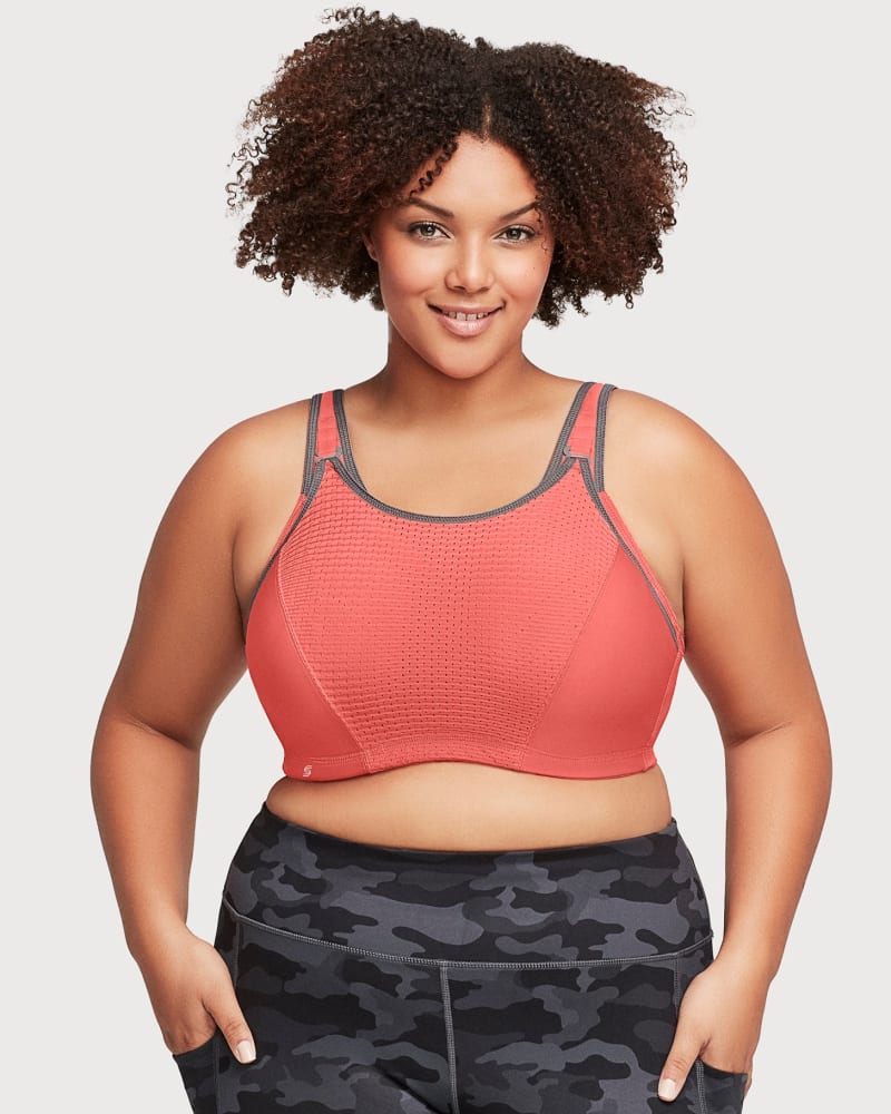 Front of a model wearing a size 46G Custom Control WonderWire Sports Bra in Coral/Gray by Glamorise Sport. | dia_product_style_image_id:260657